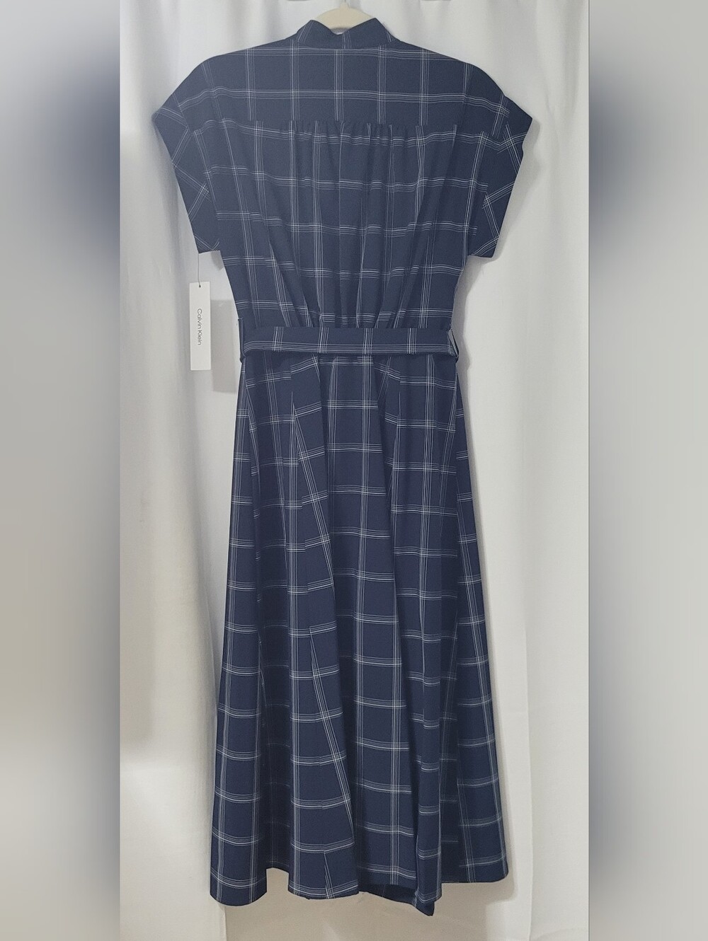 NWT Calvin Klein Navy Windowpane Plaid Belted Midi Shirt Dress - Picture 8 of 13